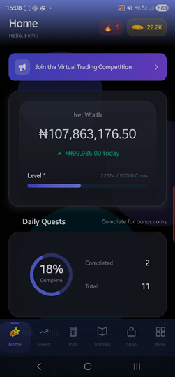 WealthNuggets mobile app showing lessons and progress tracking